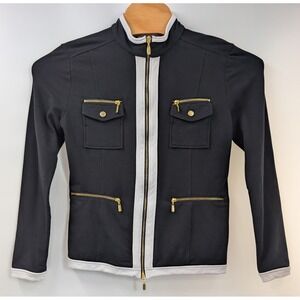 Boston Proper Medium Chic Zippered Sport Jacket Black White Trim Gold 2-Way Zip